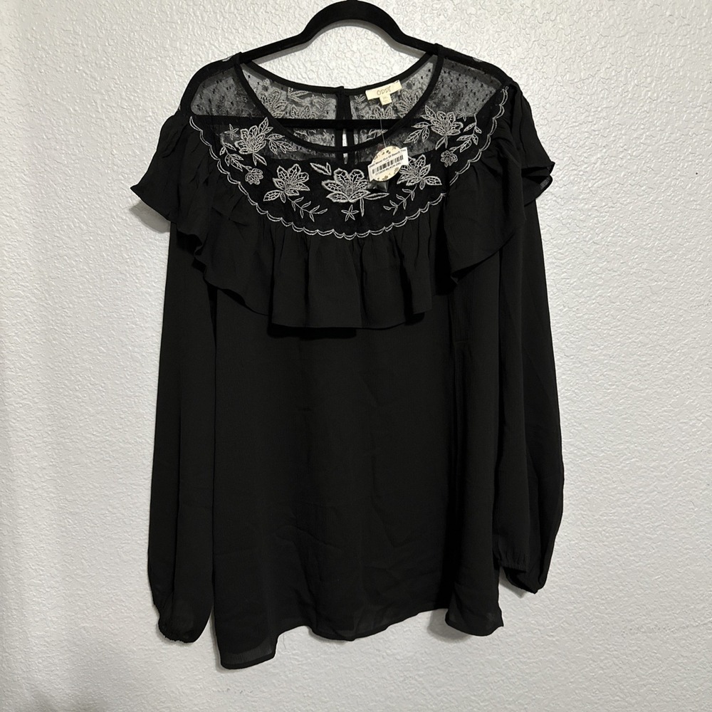 Oddy Black Sheer Long Sleeve Top w/Ruffle & Floral Lace Neckline Detail - SZ 2XL